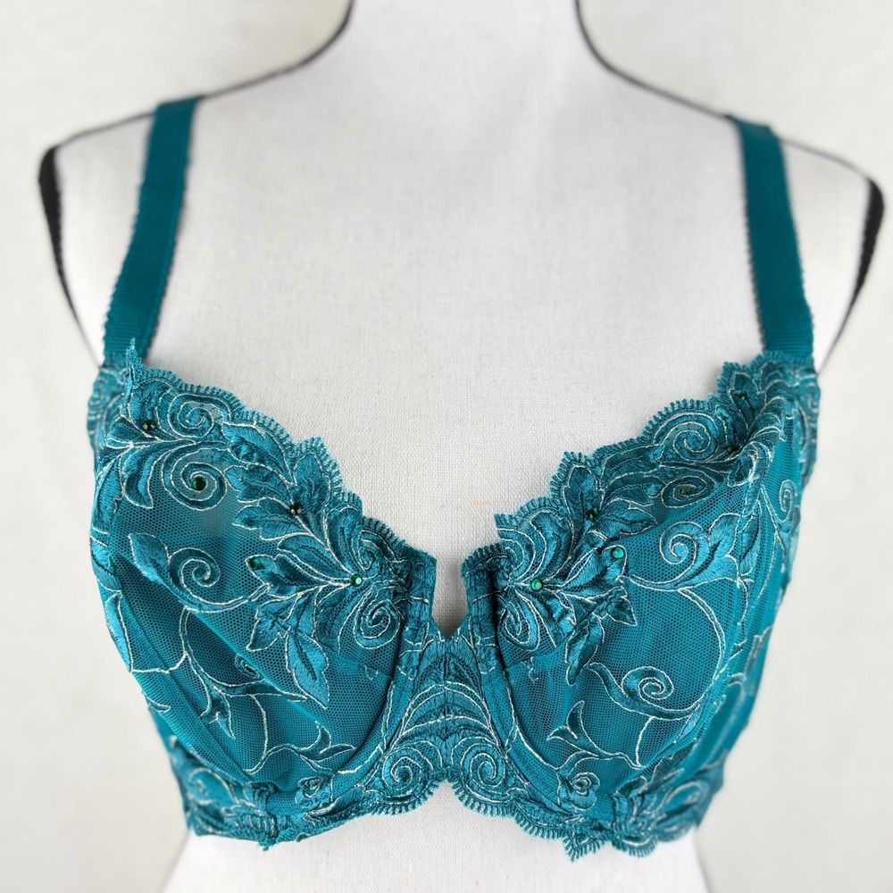 Soma Teal Blue Floral Embroidered Balconet Bra‎ Rhinestone Accents 38C 0816